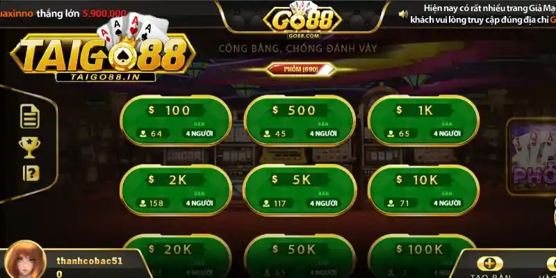 Giao diện sảnh game phỏm GO88